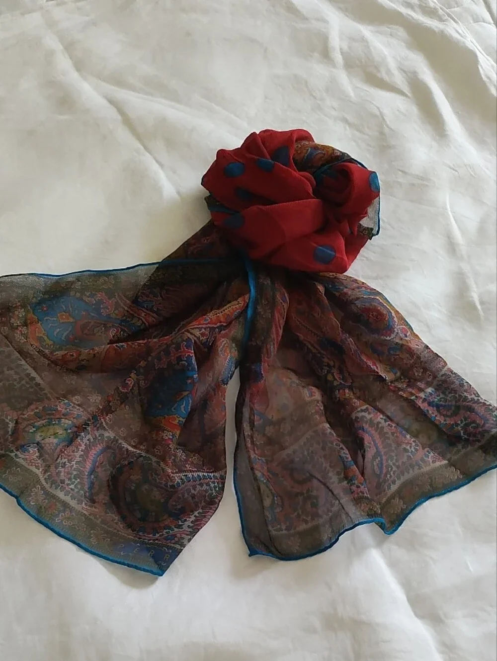 Sheer Silk Paisley Wrap Scarf in Red and Blue